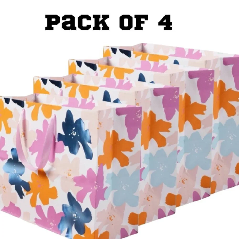 Pack of 4 Large Floral Gift Bags Multicolor Sturdy Paper 12.75” x 10” x 5”